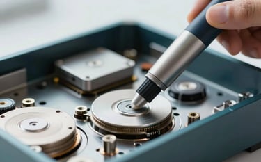 Macro photography of internal high-tech computer components being meticulously cleaned with compressed air. The lighting is sophisticated and clean, highlighting the reliability of the service. Colors lean into #3E6B89 and metallic silver tones.