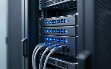 A modern server rack or networking equipment with clean cables and professional blue LED indicators. The shot is clean and minimalist, emphasizing security and modern infrastructure, incorporating #1F3A4B and #9ABACF.