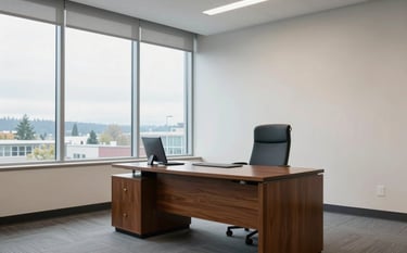 A high-end, bright North American office interior in Kirkland, Washington. A mahogany desk sits near a window showing soft daylight. The atmosphere is calm and professional, with a focus on a clean, modern aesthetic using muted blue and off-white tones.