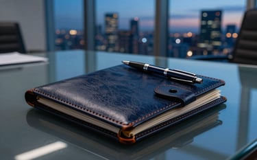A close-up, sharp photograph of a high-quality leather portfolio and a sleek pen on a glass desk in a modern North American boardroom. The background shows a blurry cityscape under a twilight sky, dominated by deep navy and cool blue lighting.