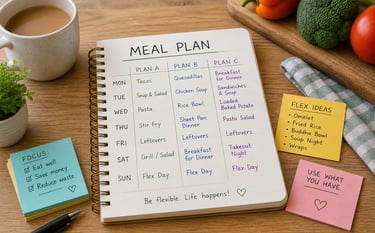 A notebook that a meal plan and alternative food options written on it,