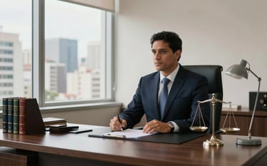 A sophisticated and professional South American lawyer's private office in a Brazilian business center. A dark wood desk with legal volumes, a silver scale of justice, and a modern lamp. Large windows overlook a clear city skyline. Soft, authoritative morning light, with accents of dark blue and off-white.