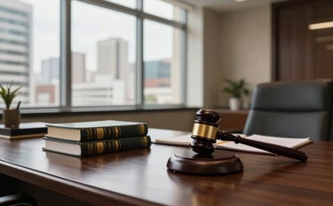 A sophisticated law office interior in a major Brazilian city. On a dark wood desk sits a set of legal books and a classic gavel. Soft, natural light streams in through large windows, creating an atmosphere of professional gravitas and trust. High-end South American architectural details.