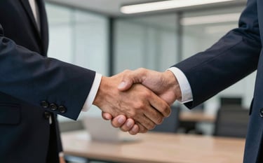 A close-up of two professionals in sharp business suits shaking hands in a modern Brazilian office setting. The composition emphasizes reliability and mutual agreement, with a background of deep navy and gray tones reflecting modern professionalism.