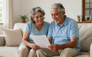 A warm, sunlit living room of a South American / Brazilian home. An elderly couple smiles with relief while looking at papers with their lawyer. The scene is bright and clean, reflecting confidence and social security. Palette includes light blue and off-white tones.