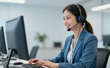 A professional tele-attendance receptionist wearing a sleek headset, focused and smiling at a computer screen. The background is a clean, modern office with soft lighting and a color palette featuring #3A6389 and #7DA9CD. The mood is efficient and trustworthy.