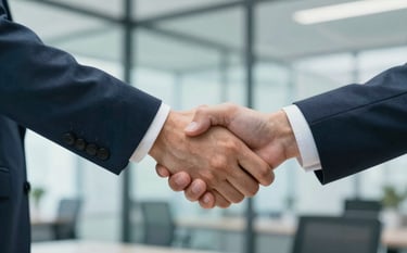 A close-up of two professionals shaking hands in a bright, modern glass-walled office. The lighting is natural and clear, incorporating corporate shades of #4A7C7F and #1A2C38 for a trustworthy vibe.