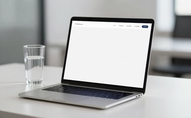 A clean, modern office desk with a laptop and a glass of water. The scene is minimalist and professional, with a color palette dominated by #1A2C38 and #F8F8F4, representing efficiency and technological precision.