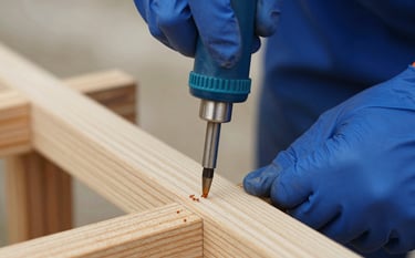 Close-up of a wooden structure being treated for termites by a professional. The composition focuses on the precision of the work, using a modern injector tool. The color palette features deep blues (#0A192F) and sharp focus, conveying high-tech effectiveness.