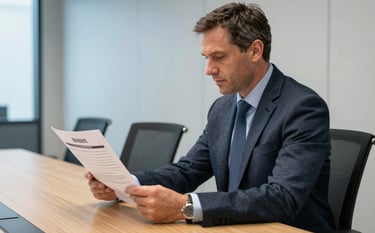 A professional North American / US (Wisconsin) consultant sitting at a conference table, looking at a printed business plan. The background is a modern, light-filled office space with steel blue and dark charcoal accents. Atmosphere of trustworthy partnership and expertise.