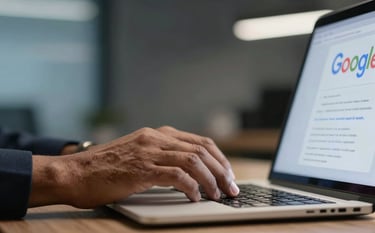 A close-up photograph of a marketing expert's hands in a modern South Asian agency, managing high-conversion Google and Meta ad campaigns on a high-resolution laptop. The background is blurred with hints of sky blue and dark grey interior design.