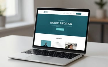 A sleek, modern laptop on a white desk showing a clean, minimalist website layout. The scene is illuminated by soft, natural morning light. The color palette includes subtle accents of #3D5A73 and #9FBECB, reflecting a professional and visionary web design environment.