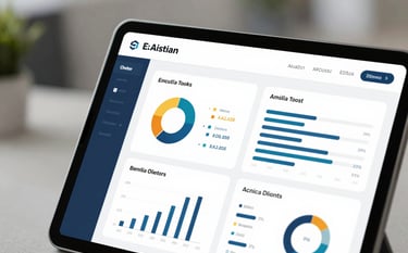 A close-up of a tablet screen displaying a sophisticated analytics dashboard with clean charts and graphs. The design is intuitive and forward-thinking, using #1A2A3A and #3D5A73 as primary UI colors, set against a blurred office background.