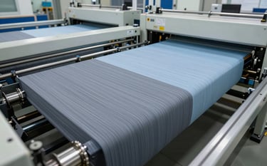 A wide shot of a textile coating and laminating production line in an Indian industrial setting. High-performance fabrics are moving through advanced machinery that applies functional layers. The atmosphere is one of technical expertise and innovation, with a palette of slate grey and light blue reflecting a clean, modern workspace.
