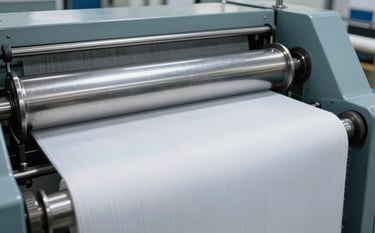 A close-up of a high-precision industrial calendering machine in a modern South Asian textile facility. The large, polished metal rollers are pressing a roll of fine white cotton fabric to create a smooth, lustrous finish. The lighting is bright and professional, highlighting the sophisticated machinery and the soft silver-blue and charcoal tones of the environment.