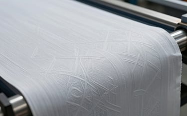 A detailed photography shot of a technical fabric being embossed in a professional South Asian industrial setting. The fabric shows a subtle, sophisticated geometric pattern. The scene uses crisp lighting to emphasize texture and craftsmanship, with a palette of frost white and deep charcoal blue.