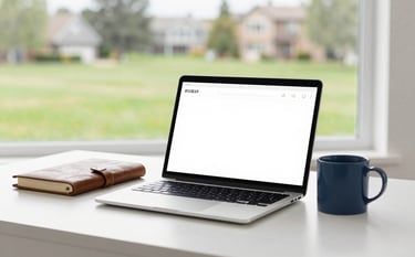 A clean, bright home-office desk featuring a sleek laptop, a leather journal, and a ceramic mug in #1C2E3C navy blue. A large window in the background shows a soft-focus view of a lush green lawn in a Crystal Lake neighborhood, emphasizing the home-based yet professional nature of the consultancy.