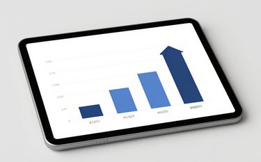 A high-quality image of a tablet screen displaying a modern, interactive business growth chart with upward-pointing arrows in brand colors #1C2E3C and #4A657D. The tablet rests on a clean, light-colored table (#F8FAFC), representing forward-thinking strategy.