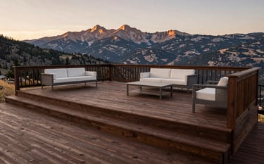 A wide-angle landscape photograph of a finished, multi-level deck in Colorado. The wood is a rich deep brown, accented with off-white furniture. The Rocky Mountains are visible in the distance under a warm sunset light.