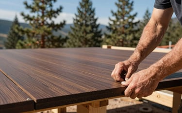 A close-up shot of a modern deck under construction in Colorado. A skilled builder is securing a deep brown composite board. The background shows blurred sage green pine trees and a clear blue sky.