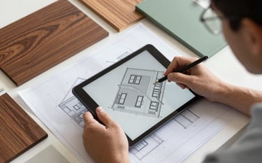 A top-down view of a young architect's hands reviewing a 3D deck blueprint on a tablet, surrounded by samples of deep brown wood and sage green finishes. The lighting is bright and modern, emphasizing professional craftsmanship.