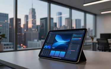 A professionally shot image of a modern design studio in a North American skyscraper during twilight. Large glass windows reveal a city skyline. In the foreground, a sleek digital tablet shows a vibrant user interface design with elegant blue and slate gradients.