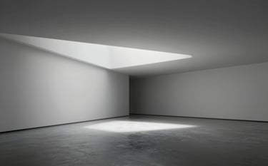 An elegant, minimalist architectural space with a single bright spotlight hitting a polished dark floor. Clean lines, wide-angle composition, professional atmosphere. Brand colors #0A0A0A, #F7F7F7, and #D9D9D9.