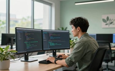 A focused software developer in a modern North American / US office setting, working with high-resolution monitors displaying clean code. The room has large windows with natural light and minimalist seaweed green and pale sage green decor.