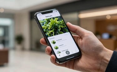 A close-up shot of a professional hand holding a high-end smartphone in a sleek North American / US corporate lobby. The screen shows a sophisticated app interface with seaweed green accents. Soft, professional lighting.