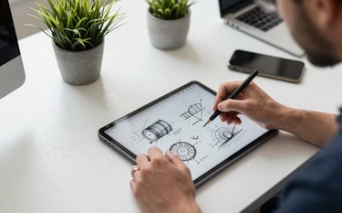 A bright North American / US design studio where a creative professional is sketching on a tablet. The desk is clean dewdrop white with seaweed green plants, representing a modern and user-centric design workflow.