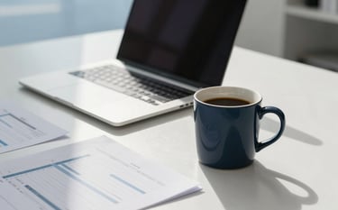A high-end, professional photography shot of a minimalist workspace with a sleek laptop, a cup of coffee in a dark navy blue ceramic mug, and organized financial documents on an ice white desk. The lighting is bright and natural, reflecting an efficient and modern office atmosphere with soft sky blue accents in the background.