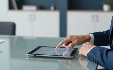 A professional business setting featuring a glass meeting table. A pair of hands in a steel blue suit sleeve is pointing to data on a digital tablet. The background shows a blurred modern office with ice white walls and dark navy blue architectural details, evoking trust and expertise.