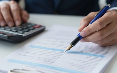 Close-up of professional hands reviewing financial spreadsheets with a calculator. The scene is lit with cool, ice white tones, featuring a steel blue fountain pen and soft sky blue highlights on the paper, symbolizing precision and efficiency.