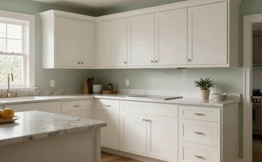 A wide shot of a pristine, bright North American / New England kitchen with misty off-white cabinetry and polished surfaces. The atmosphere is clean and welcoming, with soft sage green accents.