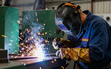 A skilled professional welder working in a North American / New England industrial workshop. Vibrant orange sparks contrast against a background of dark teal and muted forest green equipment. High contrast, sharp focus on the welding arc.