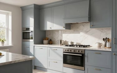 Commercial interior photography of a newly renovated luxury kitchen in a British home. Polished surfaces, high-end appliances, and elegant light blue-grey cabinetry. Bright, airy composition, soft morning sunlight. Northern European / British.