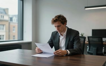 Professional photography of a modern, high-end office interior in London. A person in professional attire sits at a dark wood desk, reviewing a loan agreement with a sense of relief. Natural light through large windows, soft light blue-grey and off-white color palette. Northern European / British setting.