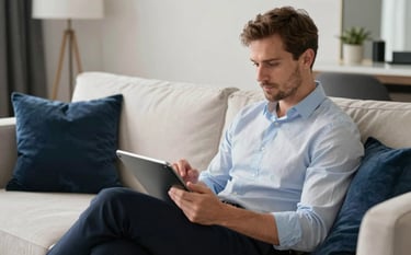 A serene lifestyle shot of a Northern European / British professional sitting comfortably on a sofa in a modern London flat, using a tablet to manage finances. Calm atmosphere, sophisticated interior with off-white and dark navy accents.