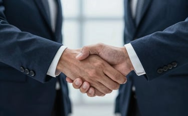 A close-up shot of a firm handshake between two business professionals in a sleek, modern corporate setting. The lighting is soft and natural, emphasizing a professional partnership. Color palette includes dark blues (#0E2C4A) and soft greys.