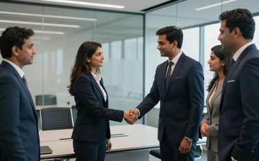 A group of South Asian / Indian business partners, men and women in professional attire, shaking hands in a modern glass-walled conference room in Mumbai. The setting features contemporary furniture in deep navy and silver tones.
