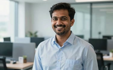 A professional South Asian / Indian man in a smart-casual shirt smiling confidently in a bright, modern office in Bangalore. The background is soft-focused with muted blue and light grey office furniture. Soft, natural daylight.