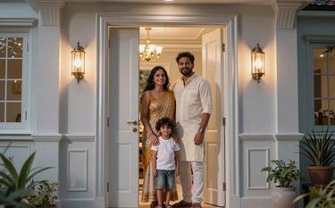 A happy South Asian / Indian family—a couple and their young child—standing in the doorway of their new brightly lit home. The decor is modern and elegant, featuring soft silver and light grey accents. Warm evening light.