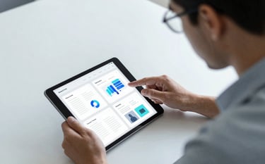 A UI designer in a Global / Tech Industry corporate setting, reviewing wireframes on a tablet. The environment is minimalist and clean, featuring ice white and steel blue color palettes.