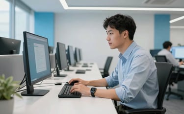 A professional developer in a modern Global / Tech Industry office atmosphere, focusing on a clean desk with a high-end Android workstation. Lighting is bright and professional, incorporating sky blue and ice white accents in the room.