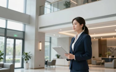 A professional real estate manager inspecting the modern, high-end lobby of a North American / US apartment building, bright natural lighting, professional attire, clean architectural lines with soft steel blue and mist grey accents.