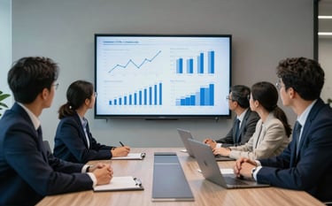 A diverse team of professionals in a sleek North American / US corporate office boardroom discussing financial charts on a large screen, focused on deep midnight navy and soft steel blue color schemes, professional atmosphere.