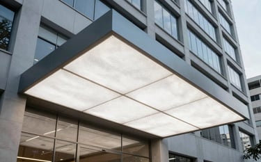 Professional architectural photography of a high-resolution LED panel installed in a modern corporate building lobby in Brazil. The image showcases clean lines, bright lighting, and a sense of high-end technology with light gray and muted blue tones.