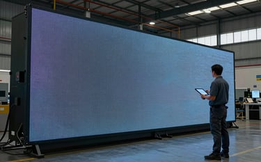 A wide-angle shot of a large LED display being inspected by a technician using a digital tablet. The setting is a modern industrial warehouse in Brazil, with a focus on technical expertise and advanced technology. Colors include dark grey and muted blue.