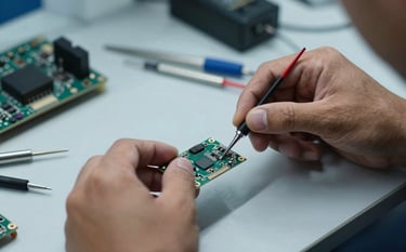 A close-up photograph of a professional technician's hands performing precision electronics repair on an LED module. The scene is a modern laboratory in a South American city with specialized tools, soft professional lighting, and a color palette of midnight blue and light gray.