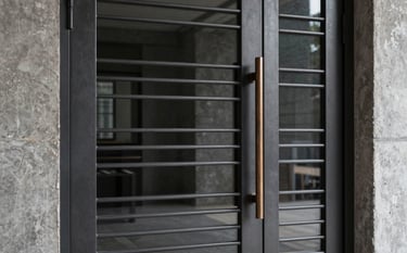 A minimalist modern iron door with straight horizontal lines and a matte dark charcoal finish. The door has large, impact-resistant glass panes and a long vertical weathered bronze handle. The setting is a contemporary entrance with industrial concrete textures.